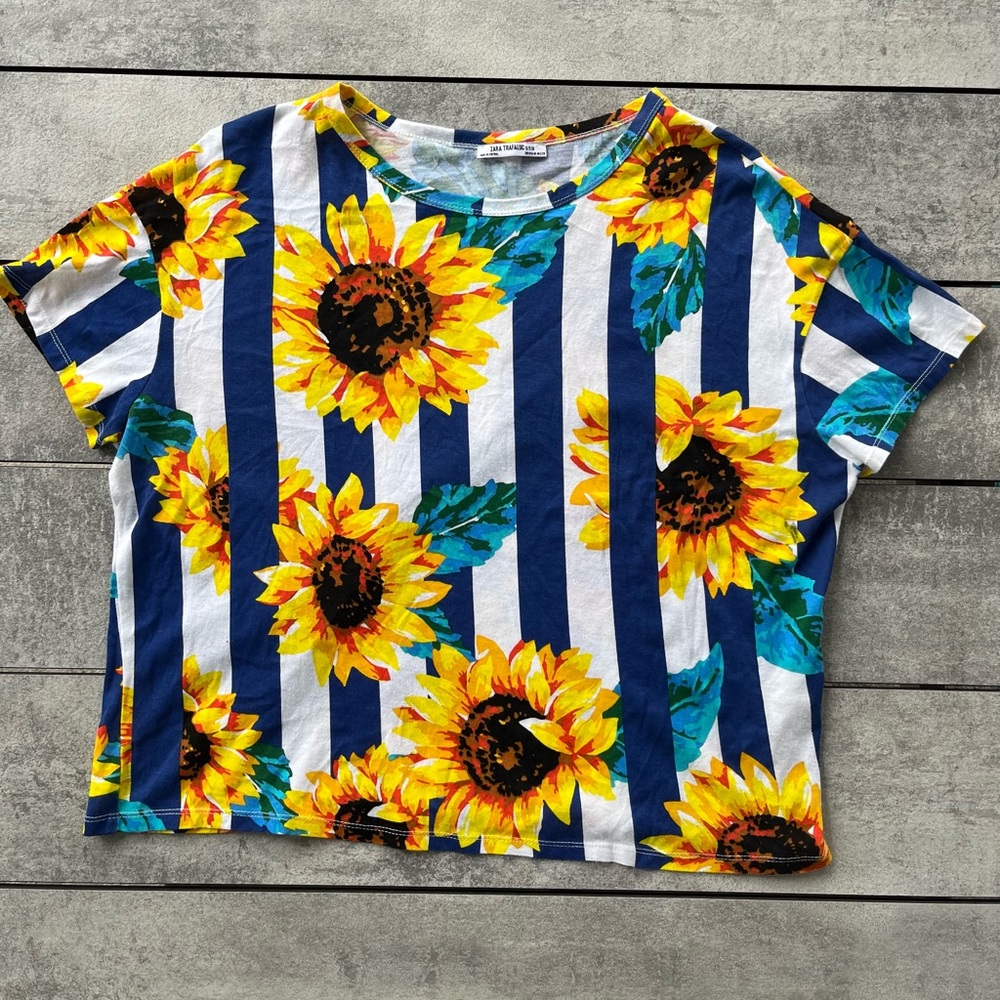 Sunflower Stripe All Cotton T-Shirt Casual Short Sleeve Top Zara Trafaluc Small